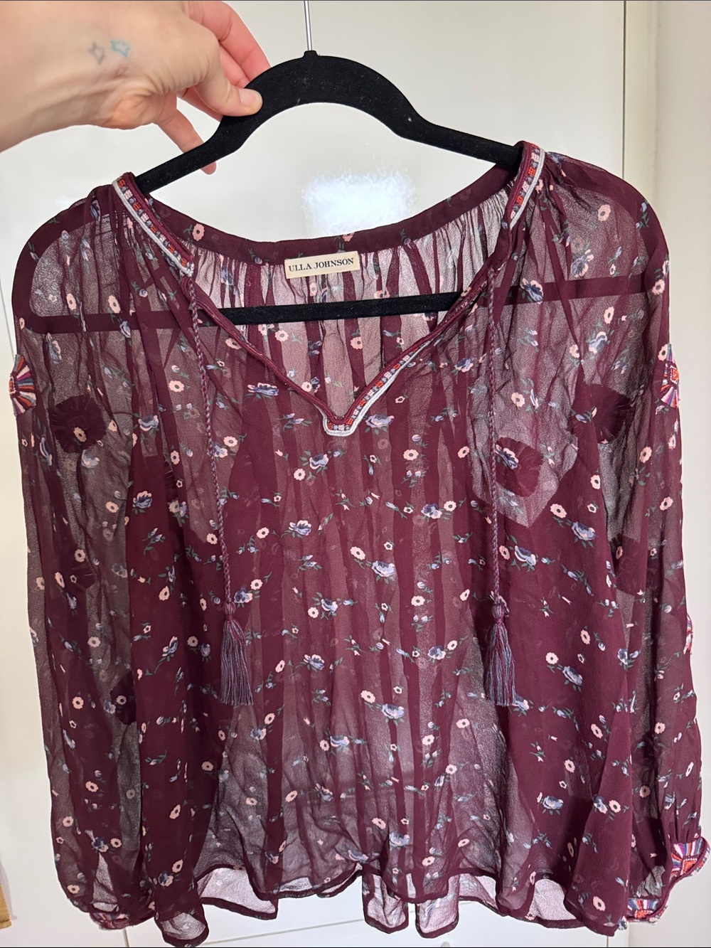 Ulla Johnson Wine Floral Sheer Blouse
